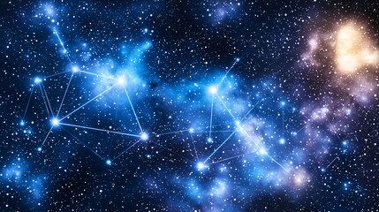 Celestial night sky with bright stars, constellations interconnected by lines, and nebulae in deep space, creating a mesmerizing cosmic landscape filled with mystery.