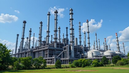 Obraz premium A large industrial refinery complex with numerous tall towers and pipes under a bright blue sky with fluffy white clouds, showcasing modern industrial architecture and technology.