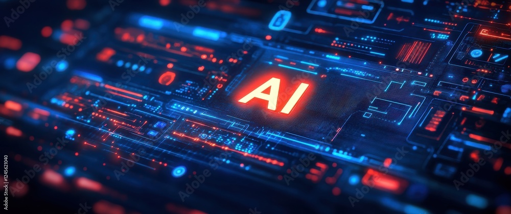 Poster futuristic digital network illustration with glowing ai symbol and technology elements in a blue and