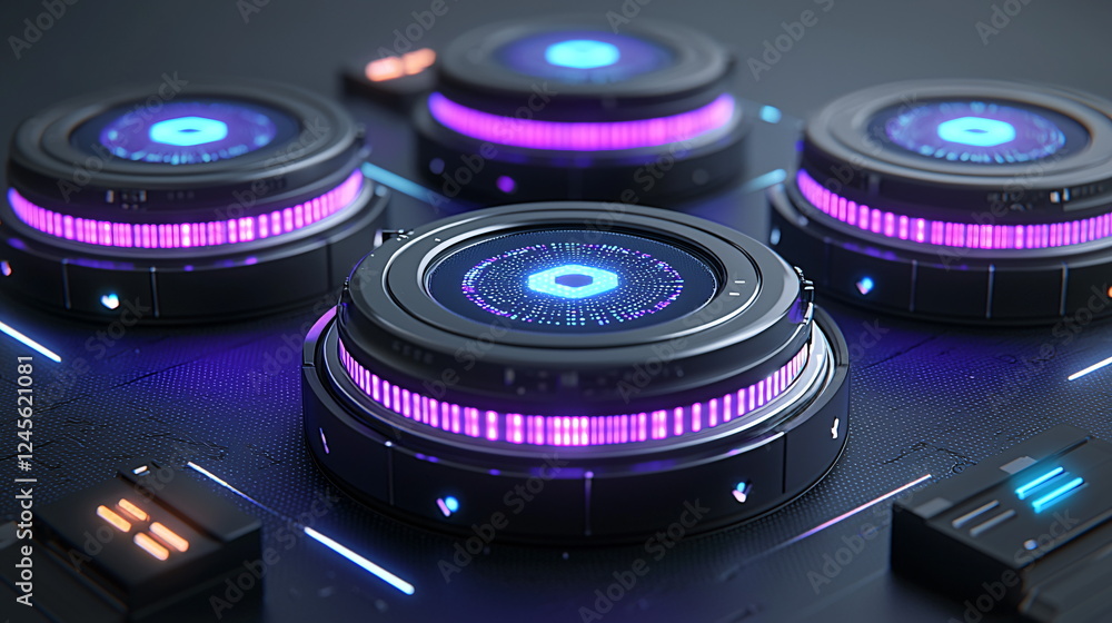 Aufkleber neon glowing circular panels with intricate designs and colorful led lights on a dark surface, creat