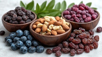 Fototapeta premium Assorted Dried Fruits Nuts and Berries in Bowls