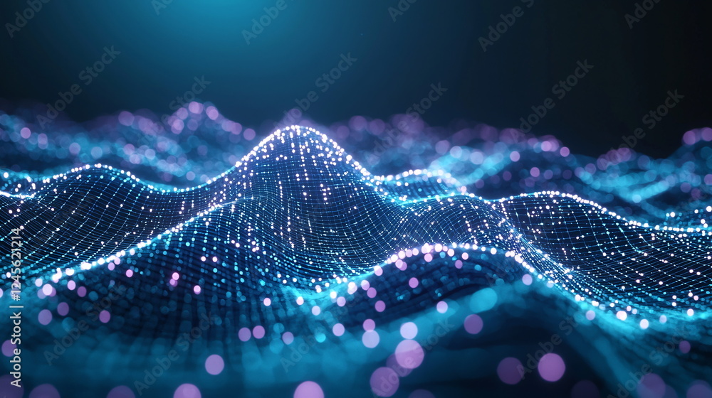 Aufkleber glowing waves of digital data with a mesh structure illuminated in vibrant shades of blue and purple