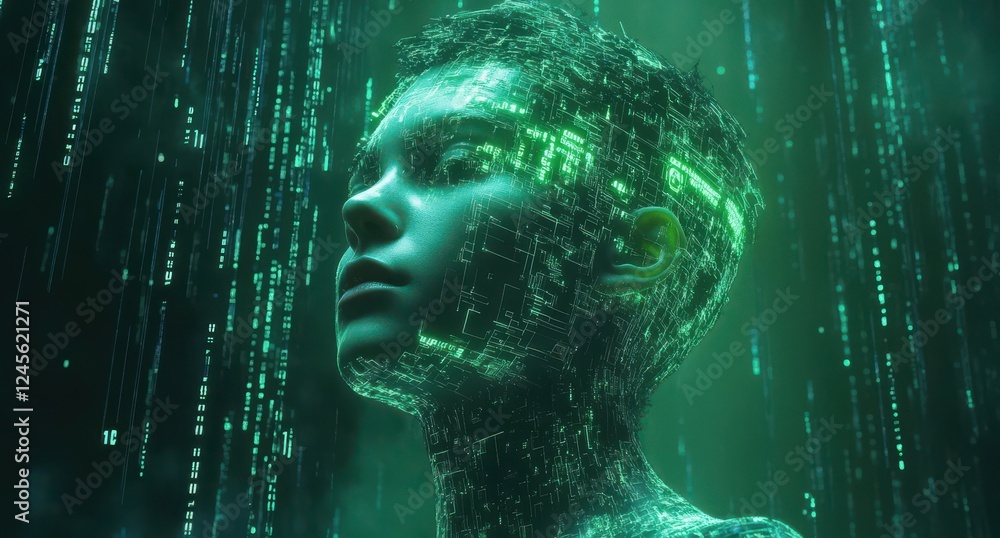 Aufkleber futuristic digital portrait of a young person surrounded by glowing binary code in a green light env