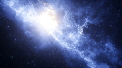 Fototapeta premium Bright nebula with swirling cosmic clouds and a luminous star at the center, surrounded by a vast expanse of deep space filled with distant twinkling stars.