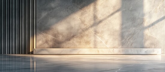 Modern marble wall with elegant gradient design in soft beige tones and sleek vertical dark stripes casting long shadows across a polished floor