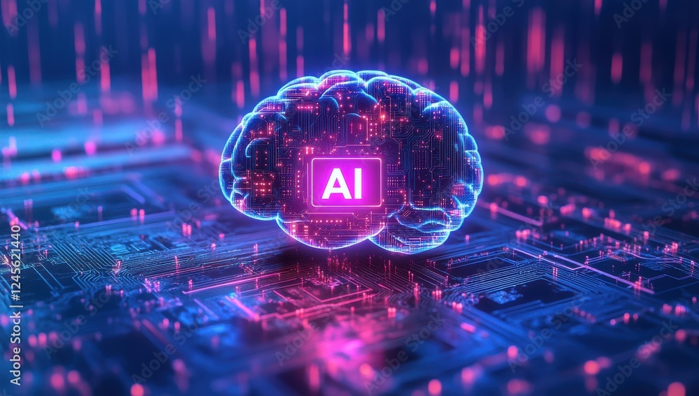 Poster futuristic digital representation of a glowing brain with ai text surrounded by circuits and data pa