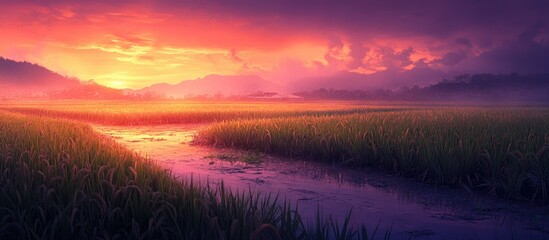 Vibrant paddy field reflecting sunset hues of purple and orange with serene waterway in foreground and distant mountains enhancing natural beauty