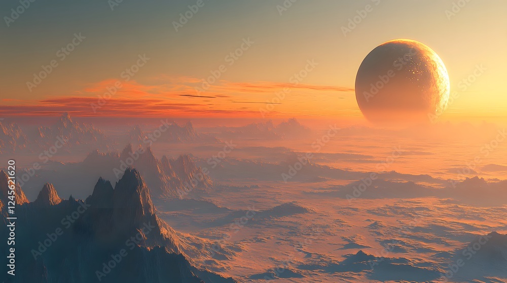 Poster large planet in a sky with mountains clouds and ethereal structures illuminated by gentle glimmering