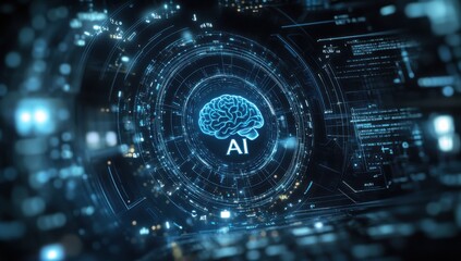 Fototapeta premium Futuristic Digital Representation of Artificial Intelligence Concept with Brain and Technical Data Visualization in a High-Tech Environment