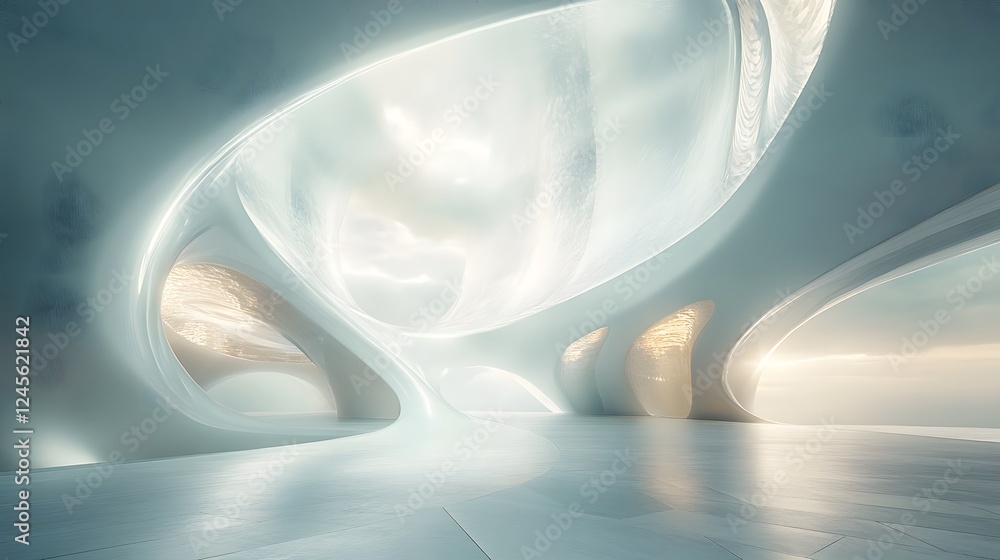 Poster white building featuring curved ceiling and ethereal architecture with translucent forms in modern d
