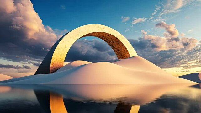 Surreal golden arch reflections on tranquil water at sunset