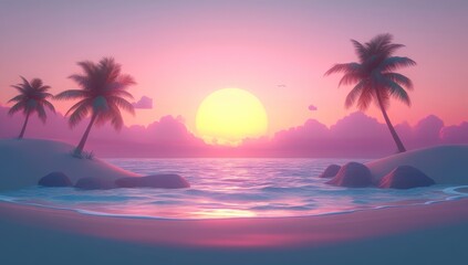 Sunset tropical beach island paradise digital art