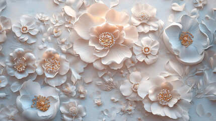 Beautiful flowers depicted in a 3D relief wallpaper mural created by generative AI.