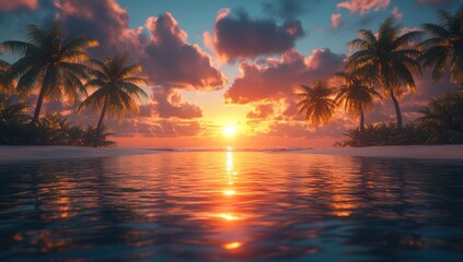 Obraz premium Tropical sunset beach paradise scene