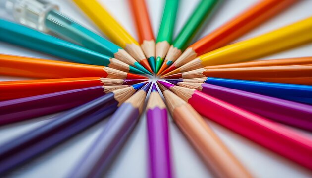 Close-up of sharpened colored pencils arranged in a circular pattern on a white background