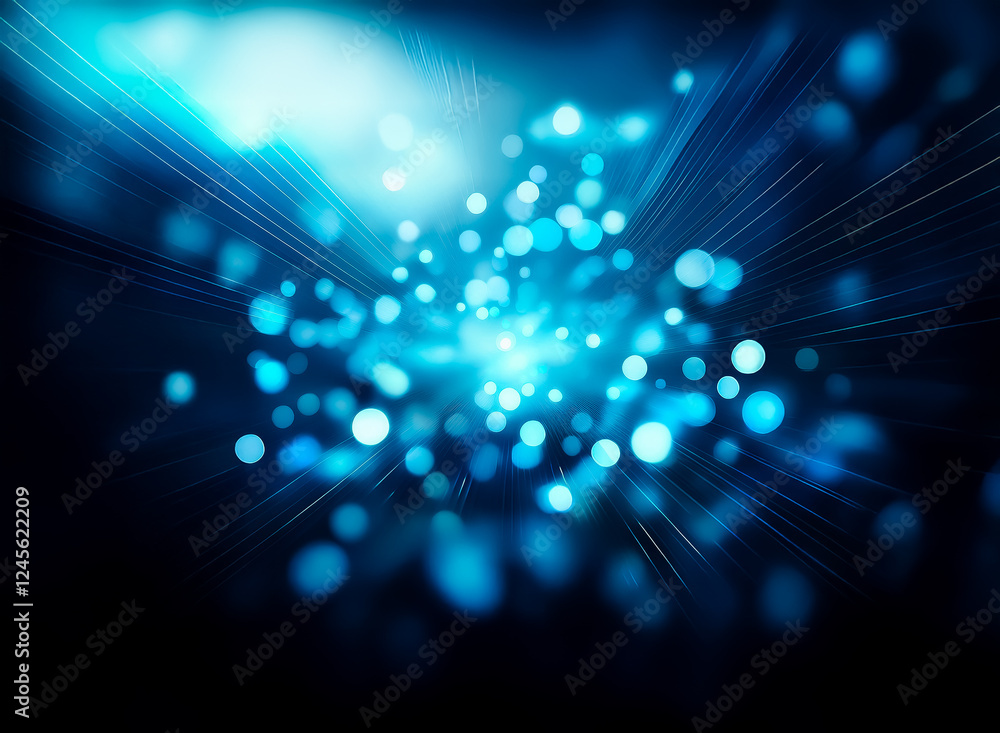 Poster a vibrant blue bokeh background features a bright, central light source, creating a dreamy, abstract