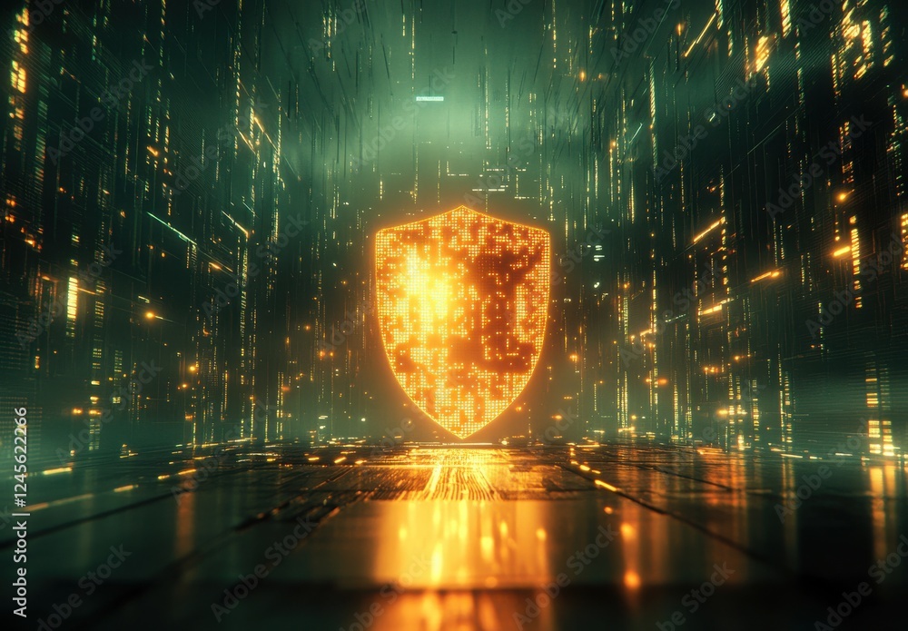 Poster futuristic digital shield against cyber threats representing online security and data protection in 