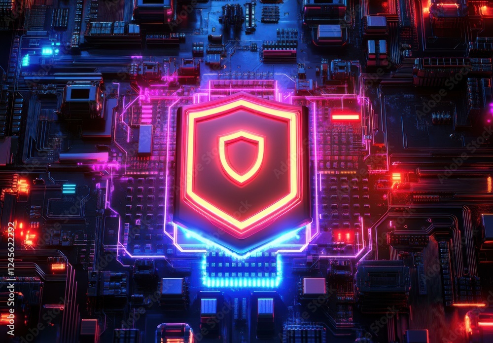 Aufkleber futuristic digital security concept with shield icon over circuit design in neon colors for cybersec