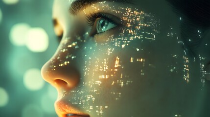 Woman in futuristic attire with cityscape background in a glowing cybernetic environment