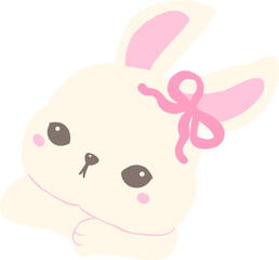 Cute White Bunny Face with Pink Coquette Ribbon Bow Chubby Cheek Adorable Cartoon Rabbit