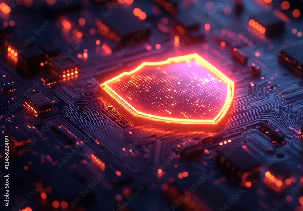 Poster futuristic digital shield concept over circuit board with glowing elements representing cybersecurit