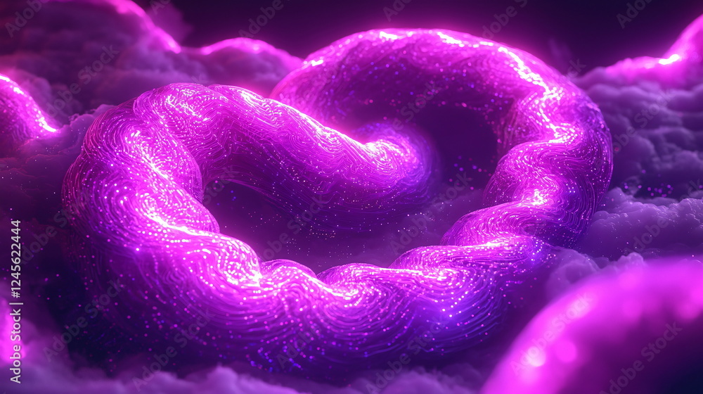 Poster vibrant pink glowing abstract shapes intertwining above a cloud-like background, illuminated with so