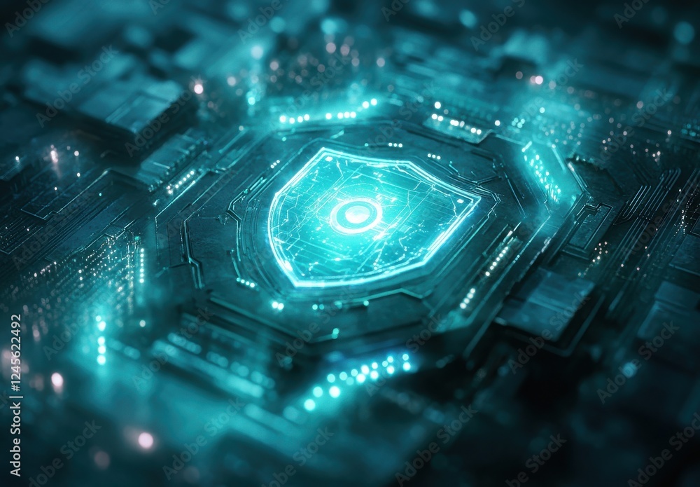 Aufkleber futuristic digital shield on circuit board background representing cyber security concept with blue 