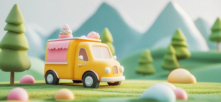 3D Cartoon Ice Cream Snack Cart