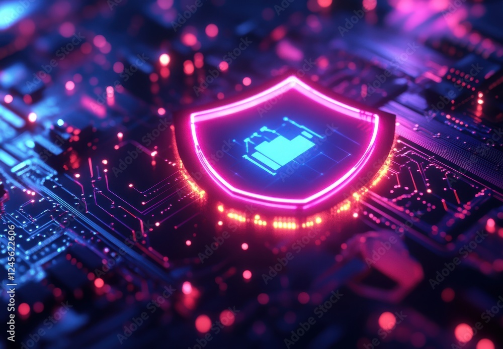 Poster futuristic digital shield protecting data on circuit board with neon lights in cybersecurity environ