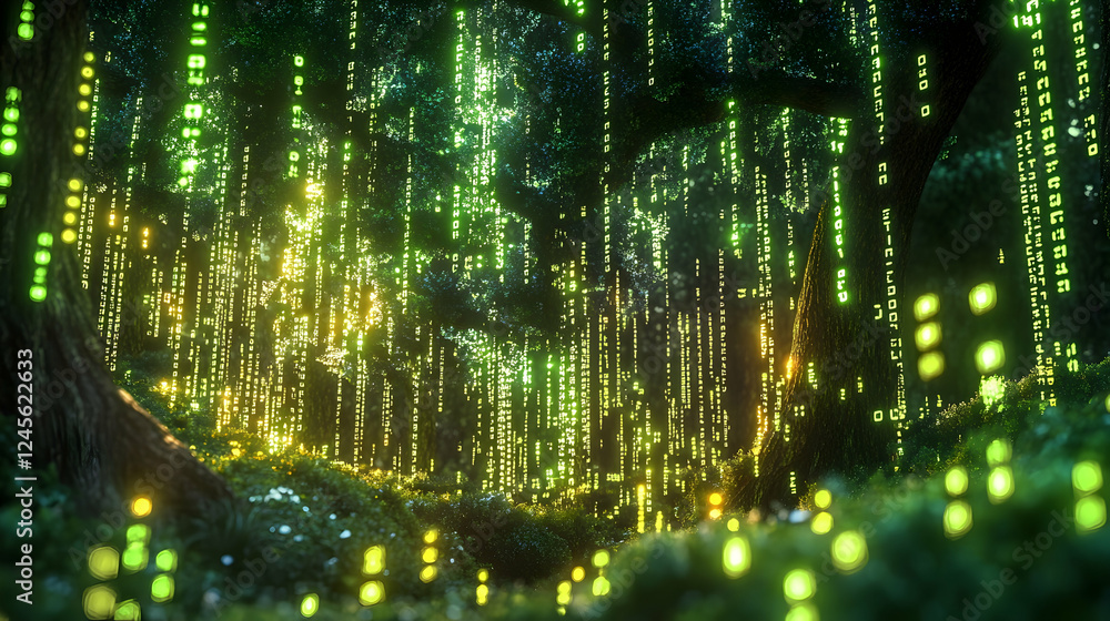 Poster digital forest of glowing binary code blending nature and technology
