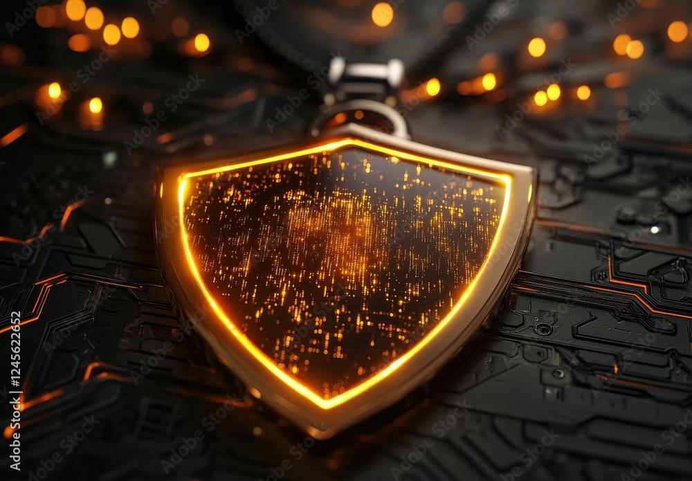 Poster futuristic digital shield pendant with radiant glow on tech-inspired background for cybersecurity an