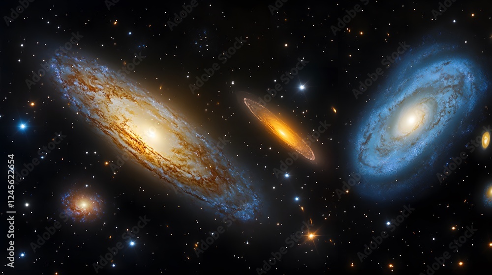 Poster group of galaxies and space art representing layered cosmic dimensions in a stunning visual display