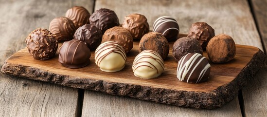 Assorted gourmet chocolates in various shapes and colors arranged on a rustic wooden board against a textured wood background.