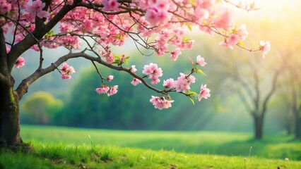 Serene Springtime Blossoms A Delicate Pink Tree Branch in a Lush Green Meadow Under a Gentle Sunlight