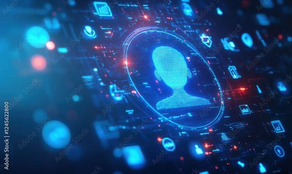 Poster futuristic digital user interface featuring abstract user profile and various technology icons on da