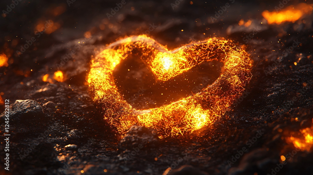Aufkleber glowing heart shape made of fiery particles on dark textured surface illuminated with warm orange li