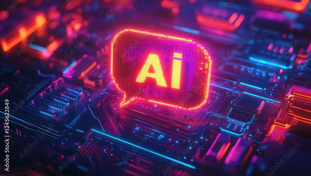 Poster futuristic electronic circuit board with ai symbol illuminated in neon colors representing technolog