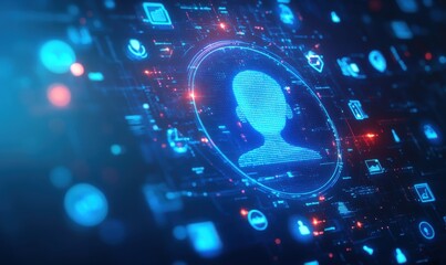 Futuristic Digital User Interface Featuring Abstract User Profile and Various Technology Icons on Data Background for Technology Concepts