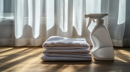 A folded curtain and a spray bottle placed on a wooden table.