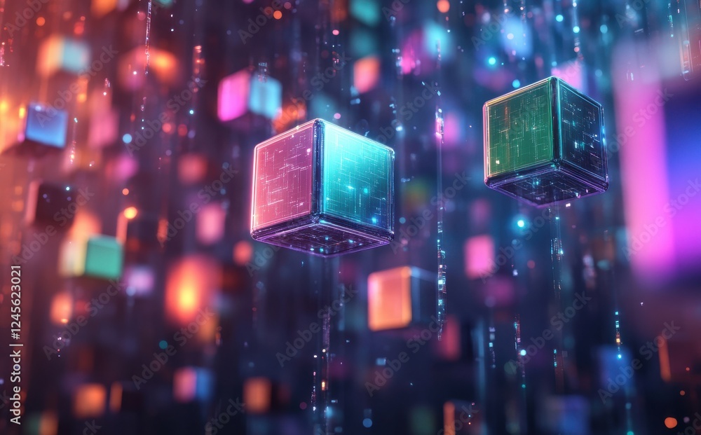 Poster futuristic floating cubes in neon colors representing data technology and digital innovation with sh