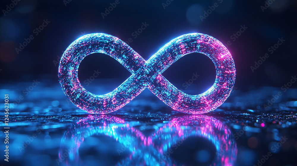 Poster neon infinity symbol glowing on reflective surface with blue and pink lights, creating a futuristic 