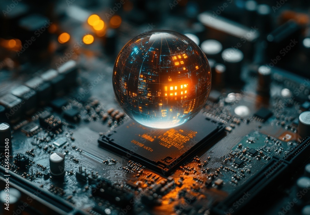 Poster futuristic globe floating above circuit board with illuminated patterns and soft glowing lights in a