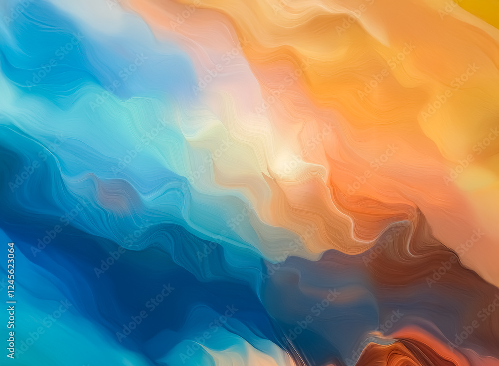 Poster abstract flowing background with wavy lines in shades of blue, orange, yellow and brown, creating a 