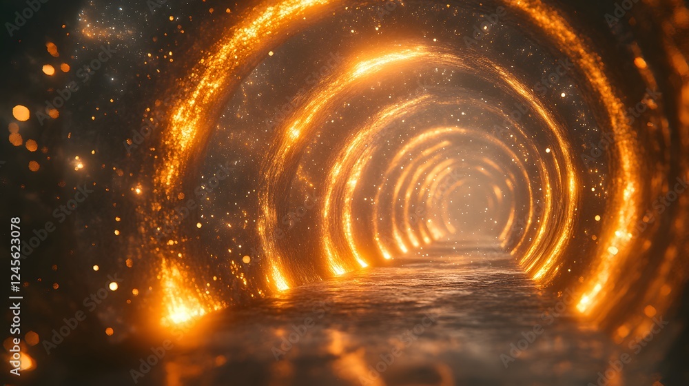 Poster tunnel with bright light at end surrounded by dimensional portals and starry sky background