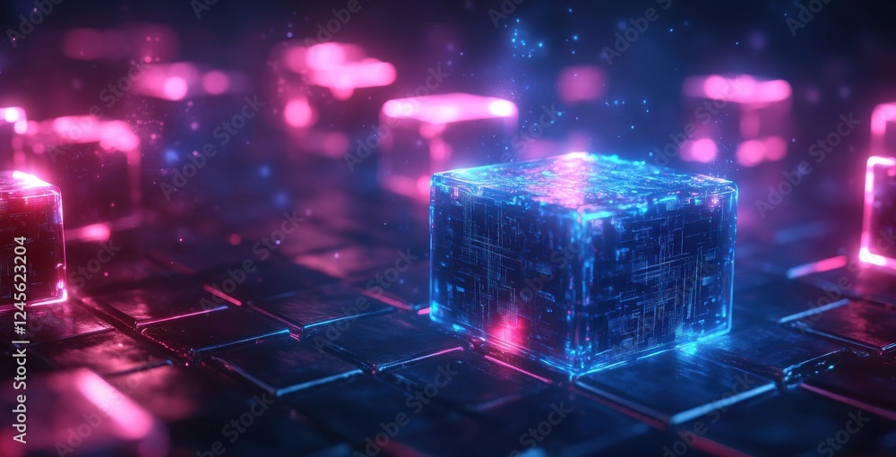 Poster futuristic glowing abstract cubes illuminated by neon lights in various colors on a reflective surfa