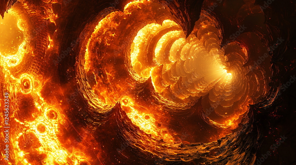 Poster fiery abstract swirling patterns illuminated by intense orange and yellow hues resembling molten lav