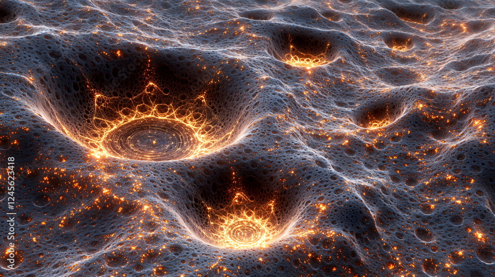 Poster glowing fractal patterns illuminated on textured surfaces resembling geological formations with intr
