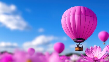 Fototapeta premium A vibrant pink hot air balloon floats above lush flowers under a clear blue sky, embodying freedom and adventure.