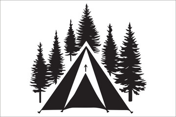 Obraz premium Scenic Mountain Landscape with Camping Silhouettes Vector Art
