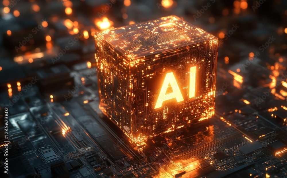 Aufkleber futuristic glowing cube with 'ai' letters, symbolizing artificial intelligence technology, digital d